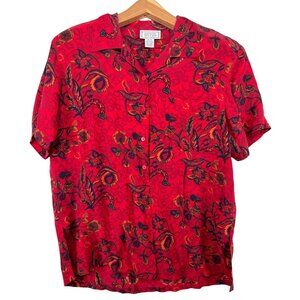 Vintage Jennifer Moore Womens ButtonUp Blouse Sz 8 100% Silk Red Floral Classic